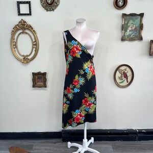 Vintage Hawaiian Floral Off-Shoulder Dress – Black Tropical Print Maxi